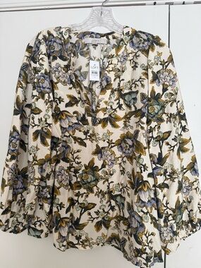 LOFT Cream Floral Peasant Blouse with Green and Purple Accents